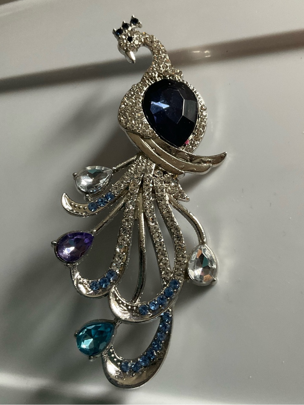 Peacock Brooch with Multicolored Gemstones and Blue & Clear Stones on Silver